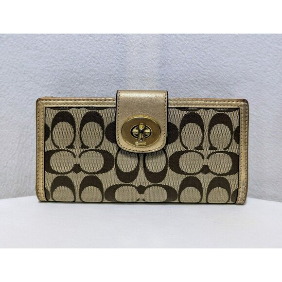 Vintage Coach Signature Turn Lock Wallet Khaki Brown Gold Canvas Leather - Picture 1 of 12